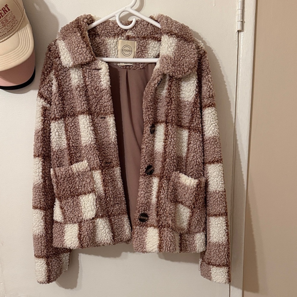 Stoosh Pink Polyester Sherpa Fleece Plaid Jacket Women’s Size Large